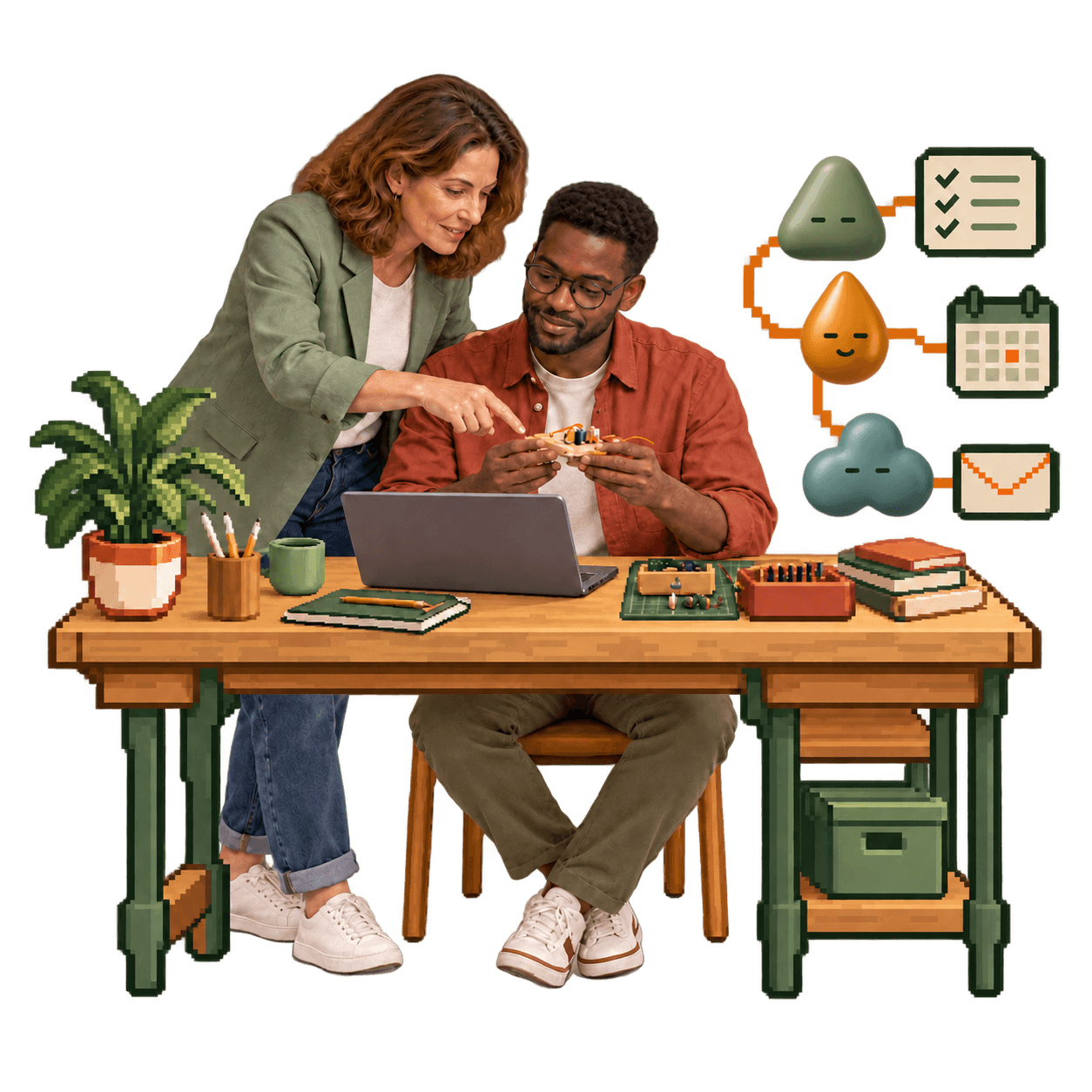 Illustration : deux adultes échangent autour d’un travail, accompagnés de petits assistants.